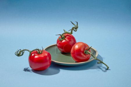 Photo for Creative background for advertising with summer fruit. Against a blue background, three fresh tomatoes with green petiole placed on a round plate. Space for design - Royalty Free Image