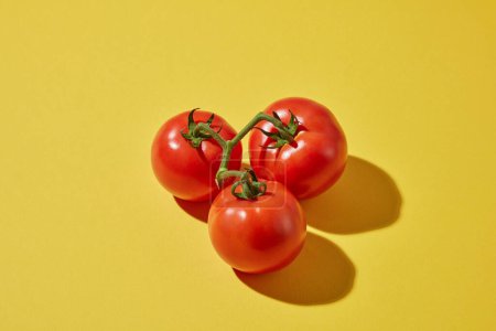 Téléchargez les photos : Scène minimale avec fruits - vue du dessus de trois tomates fraîches mûres avec ombre sur un fond jaune. Les tomates contiennent de nombreux nutriments bénéfiques pour la santé et le système immunitaire - en image libre de droit