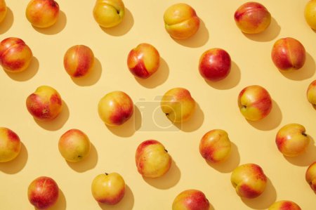 Foto de Patrón colorido de frutas de melocotones frescos (prunus persica) sobre fondo amarillo. Antecedentes creativos para publicidad y branding para cosméticos o productos con ingredientes de melocotón - Imagen libre de derechos
