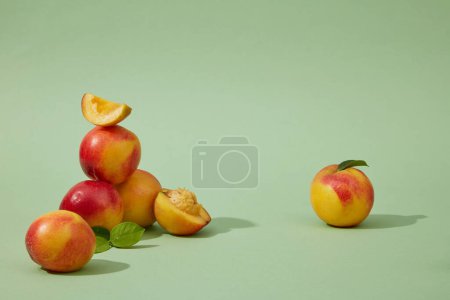 Photo for Creative background with ripe peaches (prunus persica) decorated on a green background. Blank space for cosmetic product presentation. Front view, copy space - Royalty Free Image