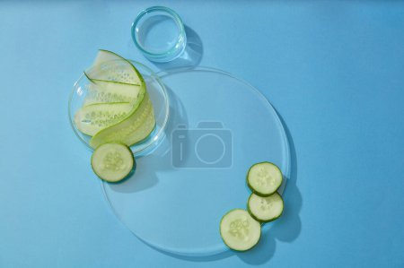 Photo for Minimal style with pedestal for display cosmetic product from cucumber ingredient. Fresh cucumber slices in petri dish and round transparent podium decorated on blue background. - Royalty Free Image