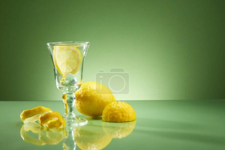Téléchargez les photos : Vue de face d'une tasse en verre contenant des tranches de citron, du citron et des écorces décorées sur fond vert rétroéclairé. Espace vide pour le texte et le design. Photo publicitaire pour le produit à partir de l'ingrédient citron - en image libre de droit