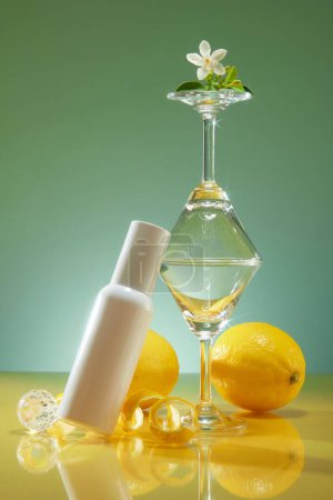 Vorlage für Kosmetikwerbung mit weißer Flasche ohne Etikett daneben sind Glasbecher und frische Zitrone, Kristallkugel auf grünem Hintergrund. Zitronenextrakt-Konzept