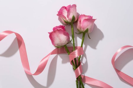 Téléchargez les photos : Délicates roses enroulées autour d'un ruban rose doux sur fond blanc. Composition plate avec belle fleur pour la publicité cosmétique ou carte design, carte postale et bannière - en image libre de droit
