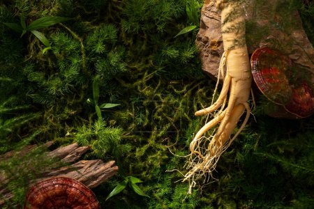 Ginseng roots and reishi mushrooms in the forest background with moss, leaves and green grass. Natural scene for advertising product from traditional medicine ingredient