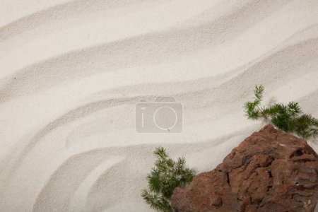 Téléchargez les photos : Vue de dessus du rocher brun et de l'herbe verte sur fond de sable beige avec motif ondulé. Espace vide pour afficher le produit ou le texte et le design. Concept naturel - en image libre de droit