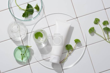 Mockup scene with plastic tube unlabeled, gotu kola leaves and some glass object on white tile background. Presentation cosmetic of gotu kola extract, good for health and skin