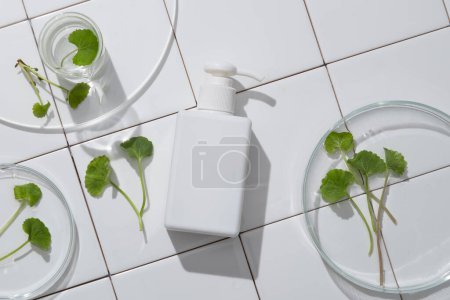 Photo for Top view of blank plastic cosmetics container for cream or shampoo on white tile background with gotu kola leaves on petri dish. Space for design. - Royalty Free Image