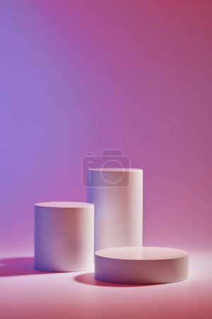 Photo for Minimal abstract background with white cylinder geometric podium on purple gradient background. Blank space for display cosmetic product. - Royalty Free Image