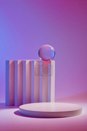 Photo for An empty round podium placed on gradient background with geometric cylinder and glass ball. Space for cosmetic product presentation. Minimal style, advertising photo - Royalty Free Image