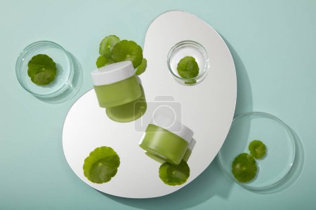 Photo for Top view of two cream jars displayed on geometric mirror with gotu kola leaves and petri dish in blue background. Blank space for branding design, advertising cosmetic of natural extract - Royalty Free Image