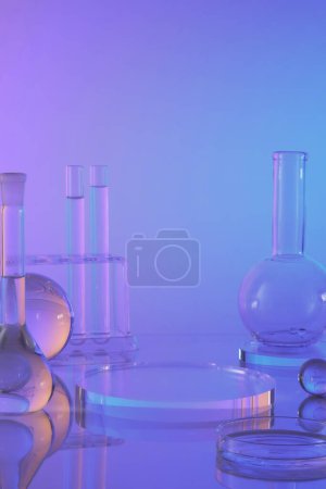 Background of scientific glassware for chemical and round transparent podium decorated on blue background. Lab theme. Science and medical background, space for display product.