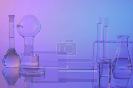 Pedestal for cosmetic product presentation with transparent podium, lab glassware filled colorless liquid on blue gradient background. Science laboratory research and development concept