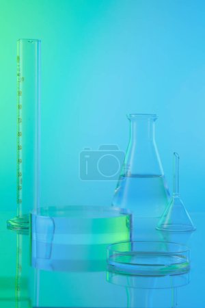 Pedestal for product display presentation with transparent podium, lab glassware containing colorless liquid on blue background. Concept: research, biochemistry, nature, pharmaceutical medicine