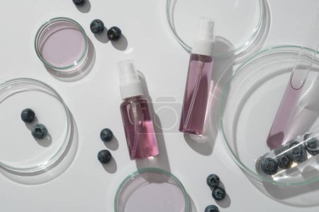 Mockup-Szene für Kosmetik mit zwei unetikettierten Flaschen, Blaubeeren und Laborgläsern, die Essenz auf weißem Hintergrund enthalten. Foto für Werbeprodukt aus Blaubeerbestandteil.