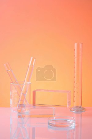 Minimal background with laboratory equipment - test tubes in beaker and petri dish filled colorless on orange background. Cylindrical transparent podium for product presentation. Front view