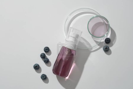 Minimales Konzept zur Förderung von Kosmetikprodukten mit Blaubeerinhaltsstoffen. Eine markenlose Sprühflasche mit lila Flüssigkeit, frischen Blaubeeren und Petrischale auf weißem Hintergrund