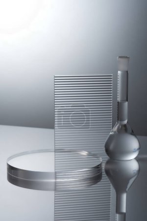 Front view of boiling flask containing transparent liquid inside, ribbed acrylic sheets and round transparent podium on light background. Empty space for product presentation.
