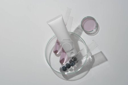 Konzept für Werbekosmetik von Gesichtsreiniger mit Plastikröhrchen auf Petrischale, Reagenzglas mit Blaubeeren und Essenz auf weißem Hintergrund. Raum für Design. Ansicht von oben