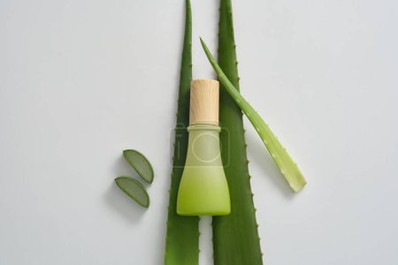 Mockup scene for cosmetics from natural ingredients - green glass bottle unlabeled, aloe vera leaves and slices decorated on white background. Minimal concept for advertising product with aloe vera