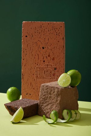 Minimal background with brown stone podiums and fresh limes (Citrus aurantifolia) slices and peel decorated on dark background. Blank space for display natural cosmetics with vitamin C. Front view