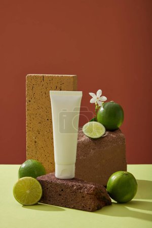 Mockup scene with empty bottle unlabeled for cosmetic product of lime extract. Fresh limes and small white flower placed on dark stones on color background. Front view, space for design