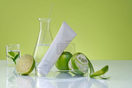 Front view of a white plastic tube unlabeled, fresh limes and lab glassware on green background. Mockup scene for cosmetic, facial cleanser of lime extract with laboratory concept. Space for design