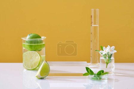 Transparent podium, fresh limes, flower and leaves decorated in lab glassware on yellow background. Blank space for display cosmetic with ingredient from lime. Front view