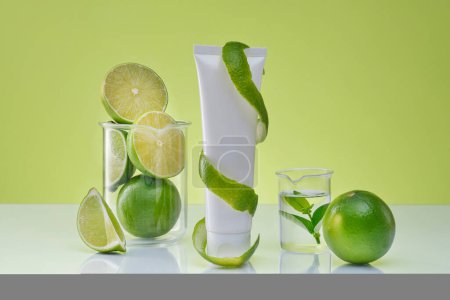 Photo for White plastic tube unlabeled surround by spiral peel and fresh limes decorated on green background with laboratory glassware. Space for design. Advertising photo for cosmetic of natural extract - Royalty Free Image