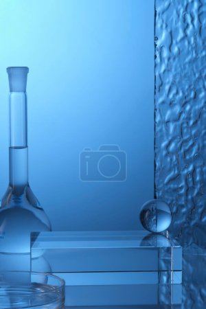Foto de Erlenmeyer matraz y placa petri que contiene líquido transparente, bola y podio vacío decorado sobre fondo azul. Escenario escaparate de cosméticos en pedestal de vidrio moderno en equipos de laboratorio. - Imagen libre de derechos