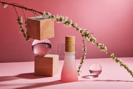 Vorderseite Glasflasche ohne Etikett, Holzgeometrien, transparente Kugeln, Blumenzweig und deren Schatten auf rosa Hintergrund. Szene-Attrappe für kosmetische Produkte, Kopierraum.