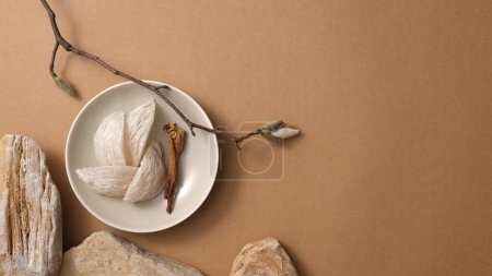 Bird's nest and red ginseng on round dishes, dry twigs, stone and small flower branch on brown background. Advertisement photo for expensive and precious food and herbal in Korean. Space for text.