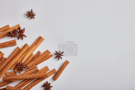 Photo for Blank minimal design concept with cinnamon sticks and anise on white background. Frame for advertising product of natural extract. Space for text and design. Top view, flat lay. - Royalty Free Image