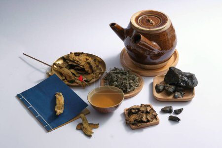 Chinese traditional medicine with rhizoma rhei, dry wormwood, ligusticum striatum, the resin of aloe vera when concentrated, decoction pot and cup, a book on light background.