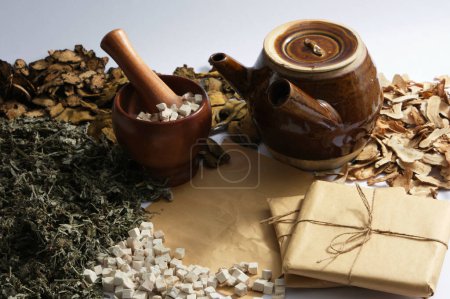 Decoction pot, mortar and pestle surrounded by dried herbs, medicine package on light background. Medicines originating from ancient China, health-protecting foods