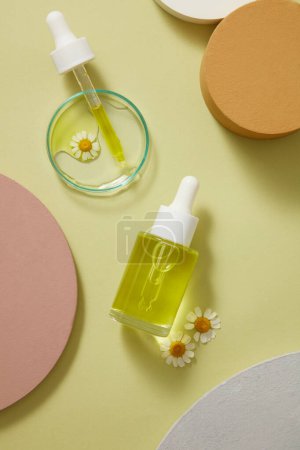 Draufsicht auf eine leere Flasche mit Essenz aus Mutterkraut und bunten Podien auf hellem Hintergrund. Die Blume hat die Wirkung der Verringerung der Alterung, Vitamin A und E. Mockup-Szene für Serum-Kosmetik.