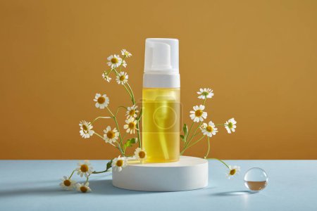 Photo for Front view of yellow empty bottle on white podium, fresh feverfew (tanacetum parthenium) on yellow background. Space for cosmetic product mockup. Feverfew remedies to treat migraines and anti aging - Royalty Free Image
