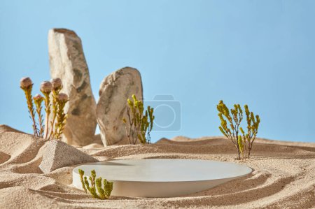 Téléchargez les photos : Podium circulaire blanc sur sable blanc avec de petits arbres verts et des rochers sur fond bleu ciel. Simuler la nature désertique scène. Contexte minimal pour la présentation de cosmétiques ou de produits. - en image libre de droit