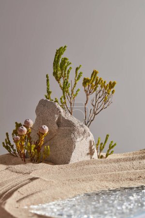 Téléchargez les photos : Nature paysage fond avec gris gros rocher sur butte de sable, petites flaques et petits arbres verts. Desert concept de produit publicitaire avec espace de copie. Vue de face - en image libre de droit