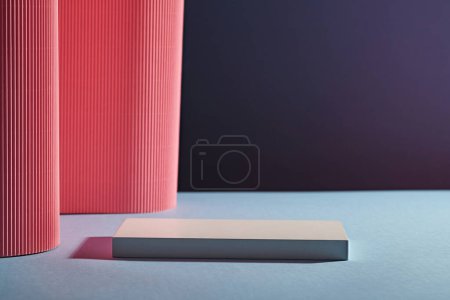 Front view of white rectangle empty podium on dark background. Pink paper folds form a soft undulating wall. Abstract background for branding and minimal presentation.