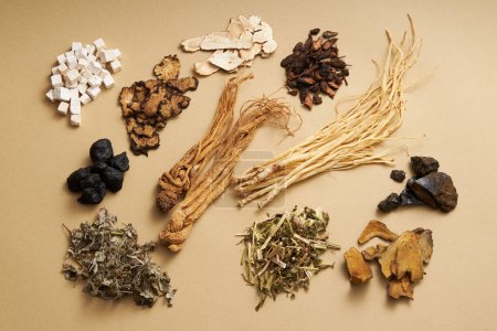 Top view of ancient Chinese herbs on light brown background. Advertising scene for health care products, derived from natural herbs