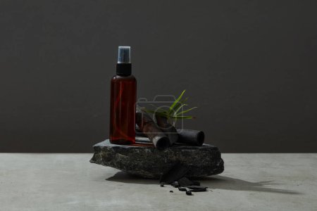 Photo for Empty plastic bottles set on stone on black background with bamboo charcoal and green leafs. Advertising photo. Mockup, front view. - Royalty Free Image