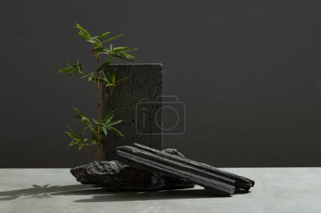 Foto de Concepto de decoración minimalista, carbón vegetal de bambú, piedra y hojas verdes sobre fondo oscuro. Espacio para el diseño, espacio de copia. - Imagen libre de derechos