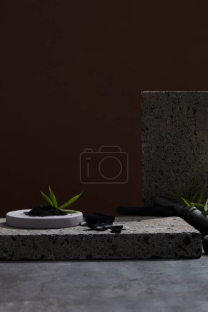 Téléchargez les photos : Vue de face des pierres grises, des feuilles vertes et du charbon de bois de bambou sur fond brun. Fond cosmétique minimal, maquette de produit naturel - en image libre de droit