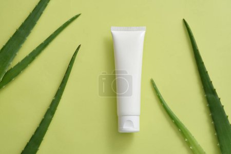 Foto de Colocación plana de un tubo de etiqueta en blanco en color blanco que se muestra con hojas frescas de Aloe vera. Aloe vera (Aloe barbadensis miller) puede mejorar la piel y prevenir las arrugas - Imagen libre de derechos