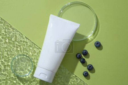 Photo for Top view of an empty label tube arranged with empty petri dish and acrylic sheet. Natural organic beauty cosmetic product mockup of Blueberry (Vaccinium Corymbosum) extract - Royalty Free Image