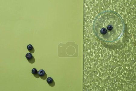 Foto de Hoja de acrílico con una placa de Petri de vidrio de arándanos colocados. Fondo pastel con espacio en blanco para la presentación del producto extraído de Blueberry. Copiar espacio - Imagen libre de derechos