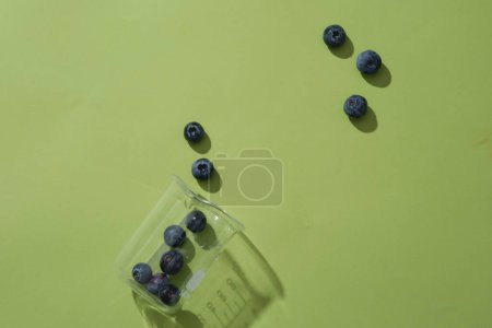 Photo for A beaker with blueberries inside decorated on pastel green background. Empty space for beauty product promotion. Blueberry is rich in vitamin C and vitamin E - Royalty Free Image