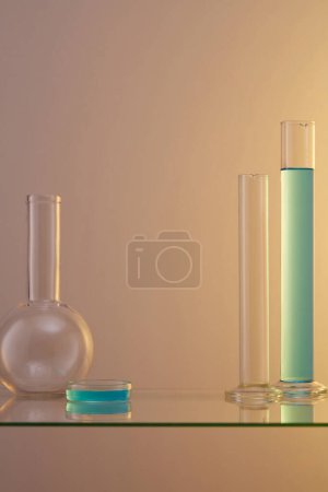 Téléchargez les photos : Liquide bleu contenu dans un tube et une boîte de Pétri en verre sur un fond clair. Espace vide pour la présentation de produits cosmétiques - en image libre de droit