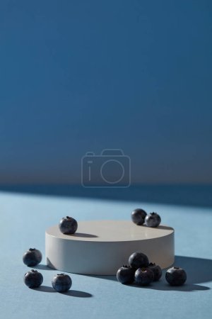 Photo for Front view of a white round podium with some blueberries decorated. Vacant space to display your cosmetic product that extracted from Blueberry (Vaccinium Corymbosum) - Royalty Free Image